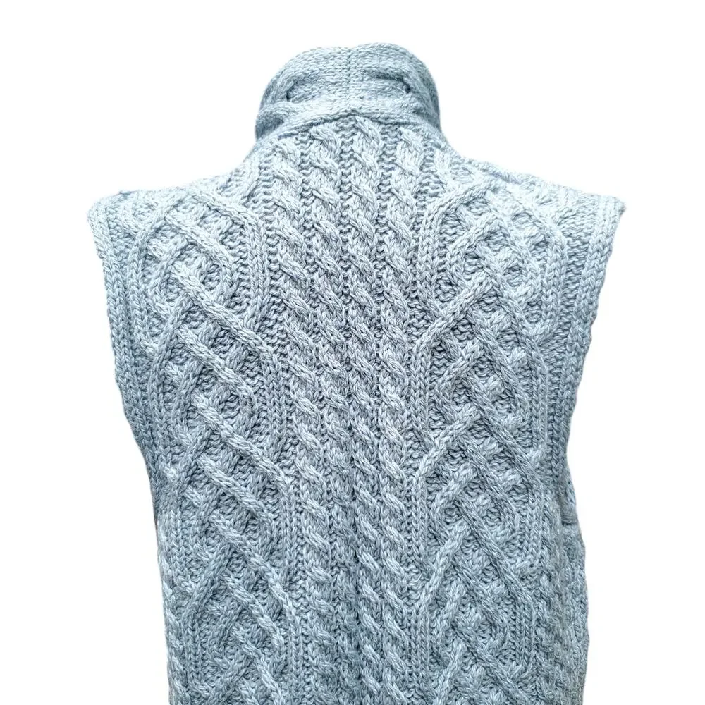 Kilronan Knitwear Blue Green Irish Wool Cable Knit Sweater Vest Cardigan Sz S